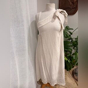 HAES One Shoulder Linen Blend Midi Dress Natural Beige Tie Strap Small